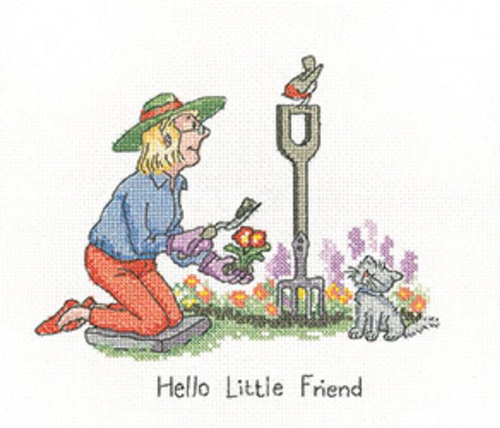Hello Little Friend -Gardening- Cat - Counted Cross Stitch Kit - Heritage Crafts